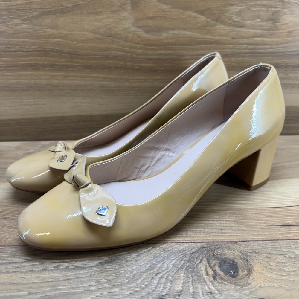 Kate Spade Nude Bow Pumps Womens 9 M Patent Leather Block Heel Office Church